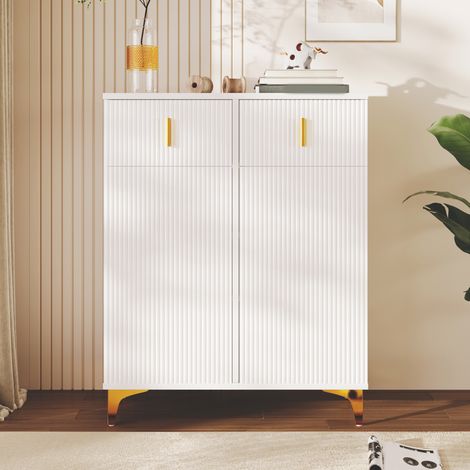 Buffet et Meuble à Chaussures Blanc avec Portes Texturées et Détails Dorés 83 x 35 x 101 cm - PANGIVO (1/5)