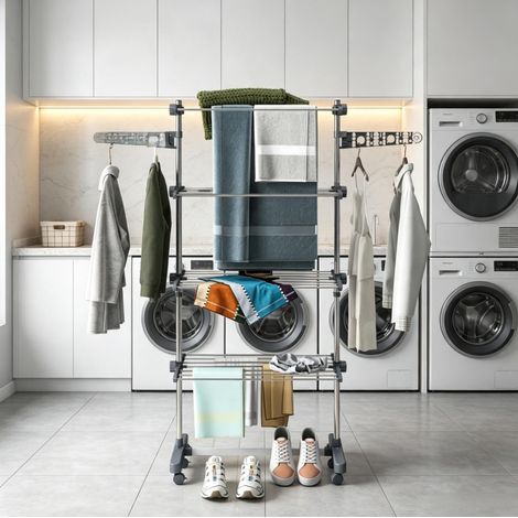 Stendibiancheria pieghevole con ruote, 4 livelli regolabili, grigio OKMYHOME (1/5)