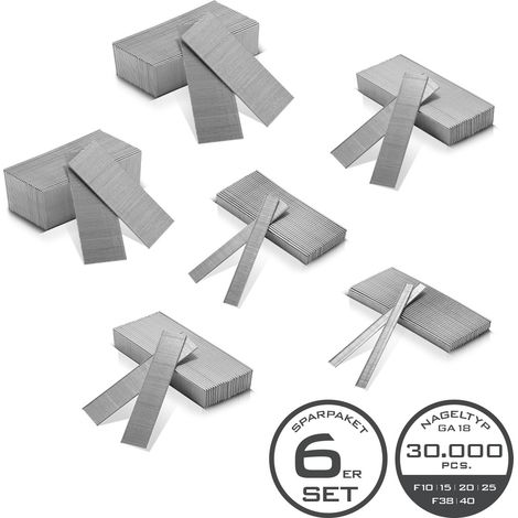 STAHLWERK Clous pneumatiques - Gauge 18 (1,25 x 1,05 mm), largeur de tête 2 mm, set pratique de 30.000 clous en bande galvanisés F10 jusqu'à 45mm, clous pour agrafeuses, pointes pneumatiques pour clou