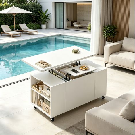 DESMIU Table basse relevable avec 1 tiroir, 1 niche ouverte, 1 compartiment caché et roulettes, pour salon (1/5)