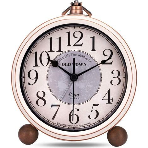 Reveil Vintage sans Tic-tac, Métal Beige Reveil Classique Rétro, Elégant Déco Silencieuse Horloge de Table Chevet Chambre Bureau 13.5cm (1/4)