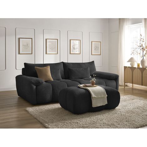 BOBOCHIC - Canapé droit fixe 3 places IVANE tissu texturé avec pouf Noir (1/5)