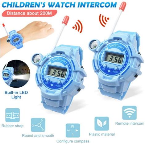 Lot de deux montres talkie-walkie pour enfants, jouet radio bidirectionnel avec lampe de poche LCD, talkie-walkie multifonctionnel pour enfants pour le camping en plein air et la randonnée (bleu) (1/4)