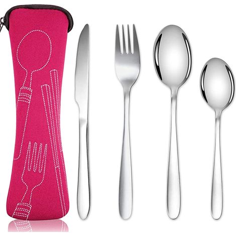 Besteckset mit Tragetasche, Edelstahlbesteck mit Neoprenbeutel für den Außenbereich, Reisen, Picknicks, Büro, Schule, Lunchbox (4-teilig, rosarot) (1/2)