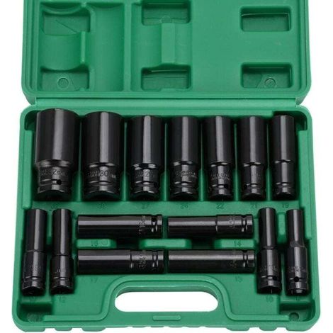 15 pcs 1/2" Douille a Choc, 8-32mm Coffret Douilles Longue Douille, Adaptateurs de Clé, Réparation de Voitures, Remplacement de Pneus, Réparation d'Appareils Électroménagers