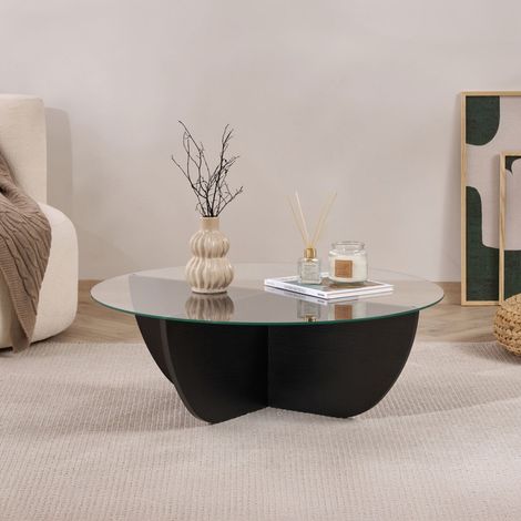 Couchtisch rundes gehärtetes Glas - Schwarzes Melamin - 90 cm -