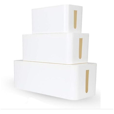 Ein ausgewähltes Set aus 3 Boxen, weißen Kabelmanagementboxen, Kabelorganisatoren, Kabelaufbewahrungsboxen aus Kunststoff zur ordentlichen Aufbewahrung von Elektrokabeln und Steckdosenleisten (1/5)