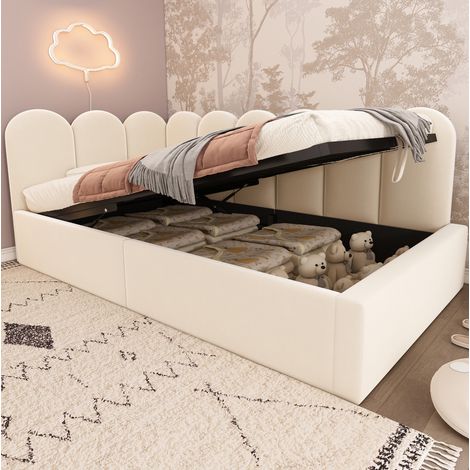 lit coffre 90x200 cm rangement hydraulique, velours beige HAVRYA (1/5)