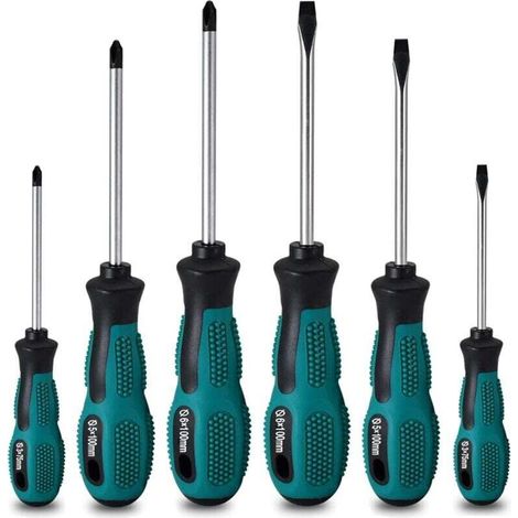 Lot de 6 tournevis magnétiques robustes en chrome vanadium avec 3 têtes plates et 3 cruciformes- (1/4)