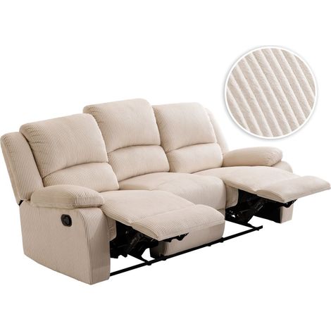 Loungitude – Canapé de relaxation manuel 3 places LEO – Velours côtelé beige – 2 assises inclinables – Fabrication européenne – Confort optimal