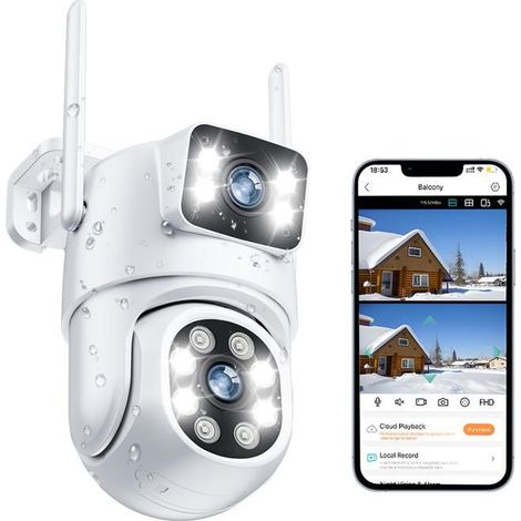 1 Caméra Surveillance Double Objectif 8MP,4K UHD,Zoom 4x,Vision Nocturne 20m,Détection Humaine,355°+90°,WiFi,BT,IP66,Extérieur
