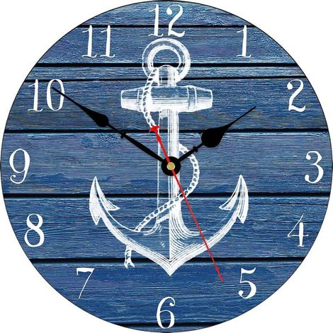 Horloge murale ronde en bois avec ancre, mouvement à quartz silencieux, style vintage. (1/4)