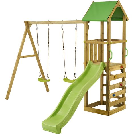 KANGUI Aire de jeux bois enfant WALLI 120 - Toboggan, balançoires, escalade et cabane (1/4)