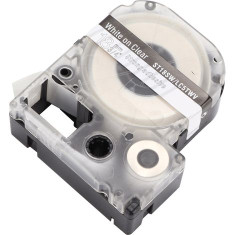 Ruban d'étiquettes PET de rechange pour imprimante d'étiquettes Epson et machine à étiquettes KINGJIM - Transparent sur blanc (1/5)