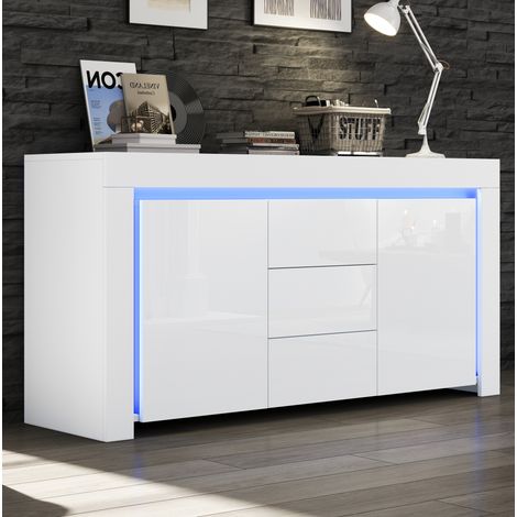 Credenza 140x40x65 cm con 2 ante, 3 cassetti, LED, ripiani regolabili, finitura lucida, MDF bianco (1/5)