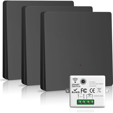 Lot d'interrupteurs sans fil avec interrupteur mural, interrupteur sans fil et récepteur radio 2200 W/10 A, interrupteur intelligent 2,4 G, 230 V, noir