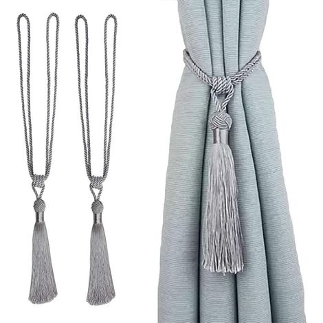 Lot de 2 embrasses de Rideaux Faites à la Main en Corde avec Pompons pour décoration de Bureau Maison (Gris, 2)