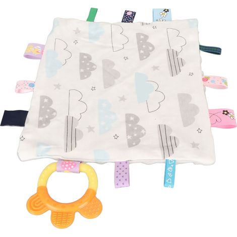 Lot de 2 Doudou douce en coton bio avec anneau de dentition, motif nuage apaisant, couverture sensorielle pour bébé, jouet réconfortant mignon (1/5)
