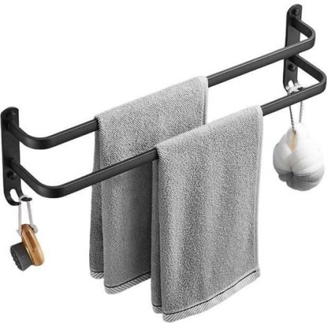 Porte-Serviettes Mural - 30 Cm - 2 Barres - Aluminium - Noir - Sans Perçage (1/4)