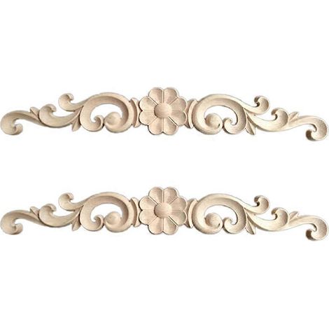 Lot de 2 fleurs adhésives sculptées en bois, délicates décorations de porte, en bois massif, pour meubles et portes d'armoires, taille 2.-27.00X4.00X0.80CM