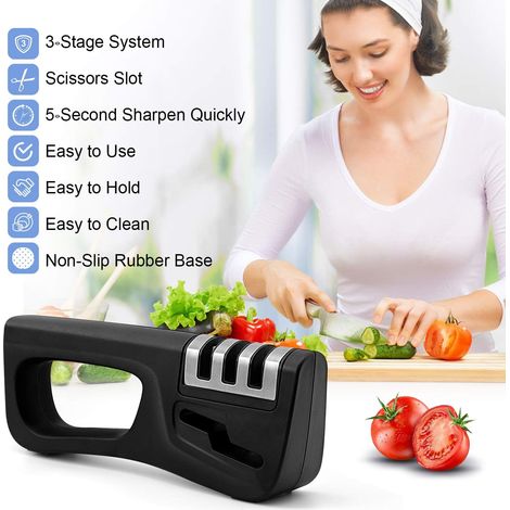 Aiguiseur de couteaux de cuisine manuel 3 étapes, afftage de couteaux professionnel 4 en 1 avec fente d'afftage pour ciseaux, noir (1/4)