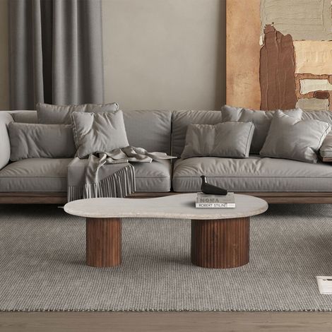 M&S – Table basse fixe 120x60x35 cm en bois de manguier massif – Plateau en travertin beige – Design épuré pour salon moderne