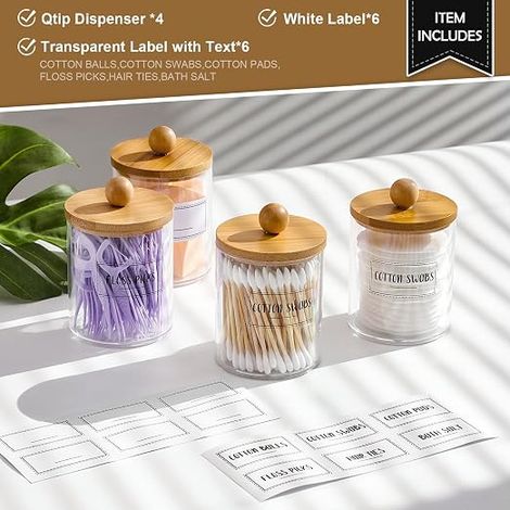 Lot de 4 distributeurs de cotons-tiges avec couvercles en bambou, pots d'apothicaire en plastique transparent de 280 ml pour organisation de maquillage, ensemble d'accessoires de salle de bain pour co (1/5)