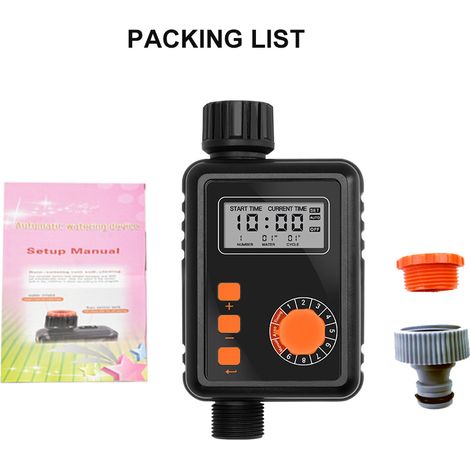 Régulateur d'arrosage électronique, programmateur d'arrosage automatique avec grand écran LCD, étanche, 9 programmes de minuterie, protection contre les coupures de courant, capteur de pluie, outil d' (1/2)