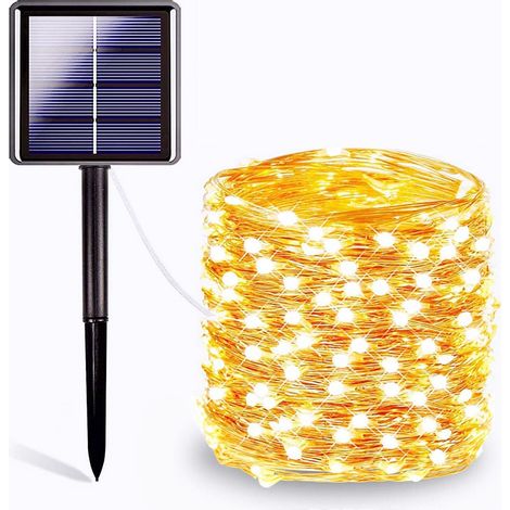 Catena luminosa solare, 10 metri di filo di rame con 100 LED, 8 modalità, timer, protezione IP65, per alberi di Natale, giardini, camere da letto, balconi, decorazione per interni/esterni, bianco cald