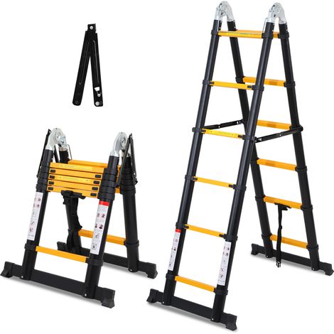 TolleTour Escalera telescópica negra Pro 3,8 m 150 kg, patas antideslizantes