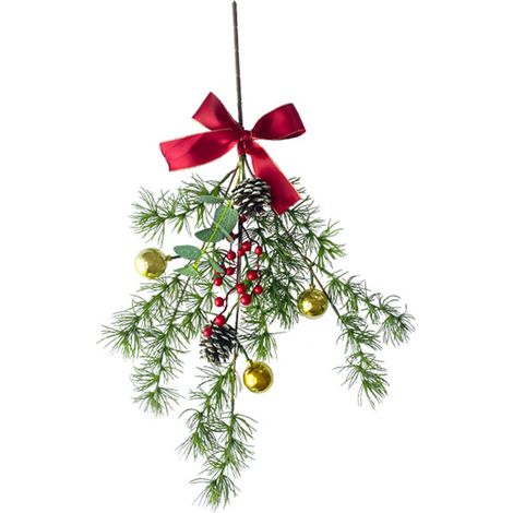 (2 Stück pro Packung) Künstliche Weihnachtspflanze aus Kiefernnadeln, Türhänger aus Rattan, Gold-Serie, Wand- oder Fensterdekoration. Gesamtlänge: 65 cm (einzeln verpackt, flexibel). (1/5)