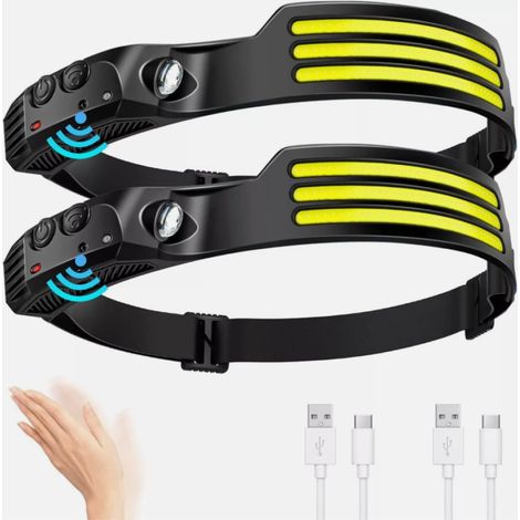 Juego de 2 linternas frontales LED, sensor de movimiento, haz de luz gran angular de 230°, batería de 1200 mAh, USB tipo C, para acampar y hacer senderismo. (1/5)