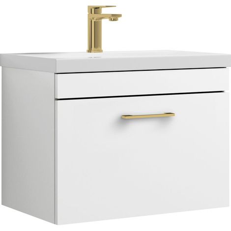 Millwich 1 Drawer Wall Hung Vanity Basin Unit - 600mm - Gloss White with Brushed Brass D-shaped handle (Tap Not Included) (1/4)