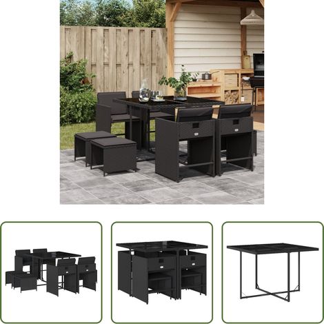 Gartentisch - 9-tlg. Garten-Essgruppe mit Kissen Schwarz Poly Rattan (1/5)