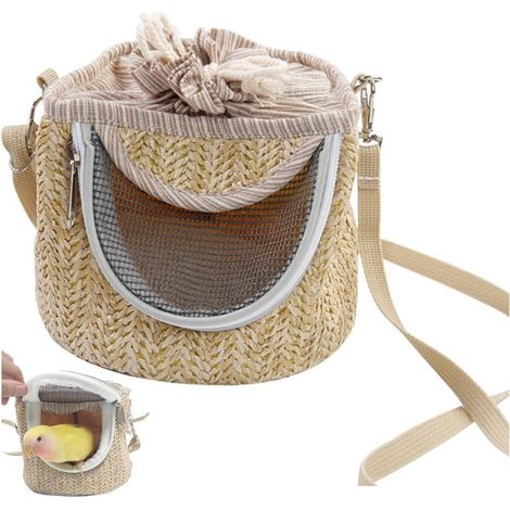 1 Sac de transport pour oiseaux, sangle réglable, matériau paille et flanelle, pour perroquets et petits animaux