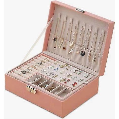 Boîte à bijoux double couche en cuir PU pour femme, idéale pour ranger boucles d'oreilles, bracelets et colliers. Coffret cadeau organisateur de bijoux.