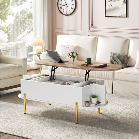 1205043cm Couchtisch Wohnzimmertisch Kaffeetisch mit Höhenverstellbarer Platte,Wohnzimmertische, Beistelltische, Sofatische mit verstecktem Stauraum,kaffetisch mit 7 Ablageflächen,Holzfarbe+Weiß (1/5)