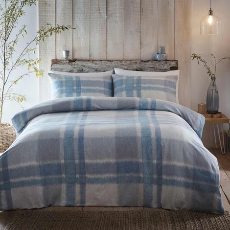 Housse de Couette en Flanelle Bleue King Size 230 x 220 cm Super Doux 100% Coton brossé Parure de lit Tartan Blanc et Bleu Parure de lit à Carreaux Bleu Ciel