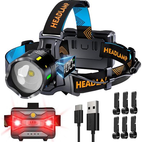 210000 Lux 12 Modes Lampe Frontale Rouge Avertissement Et Capteur Focalisation Réglable, 95H Standy 125°Angle et, Lampe Frontale Puissante IP65 Étanche Pour Course à Pied Pêche Camping Randonnée