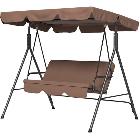 Dreisitzer-Gartenschaukel mit neigbarem Sonnendach und Kissen, 172 x 110 x 153 cm, schwarzer Stahl, braunes Polyester