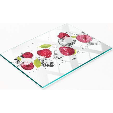 Tabla de cocina de vidrio templado con motivos decorativos de frambuesas y agua, 80x52 cm. (1/5)