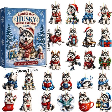 Calendrier de l'Avent Husky 2026 - 24 adorables décorations 2D en acrylique représentant des huskies en tenue de Noël - Un calendrier de l'Avent de 24 jours, idéal pour décorer votre sapin et un cadea (1/5)