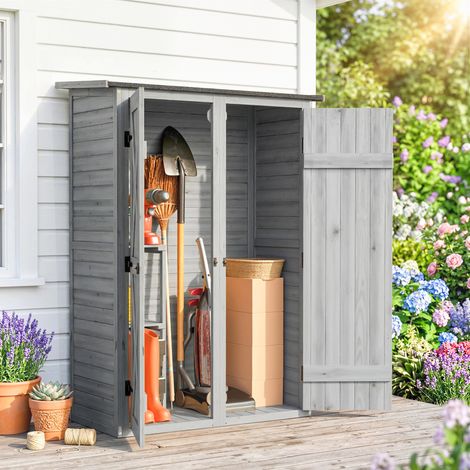 Caseta de Jardín de Madera 115x53x156 cm Armario para Herramientas con Puertas Dobles y Estantes Techo Inclinado Gris (1/4)
