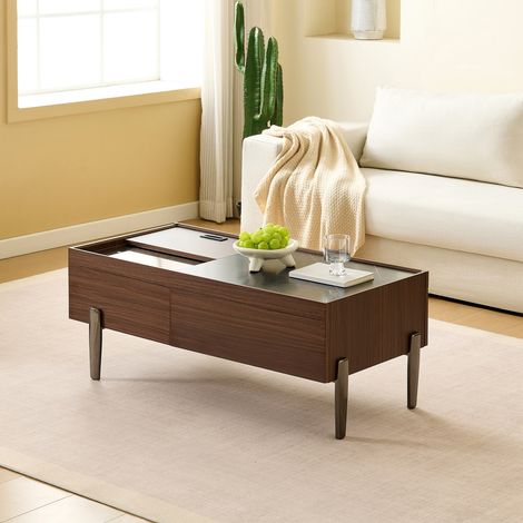 Table basse moderne avec tiroirs et plateau en verre, finition bois brun foncé effet marbre, pieds en métal, grand espace de rangement pour salon (1/5)