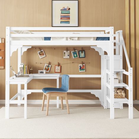 Lit mezzanine 140 x 200 cm blanc en bois et MDF, bureau en L, penderie ouverte et escalier avec rangement, pour chambre d'étudiant ou enfant – de FLORAGRACE (1/5)