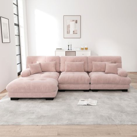 Canapé d’angle modulable, forme l oversize avec ottoman, assise profonde, tissu chenille côtelé, rose (1/5)