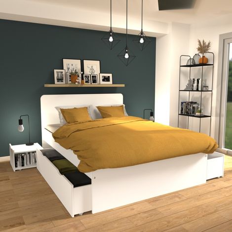 Le Quai Des Affaires – Lit double ZENIA 140x190 cm – 2 chevets et 2 tiroirs – Structure en panneau de particules – Finition blanche – Hauteur 100 cm (1/8)