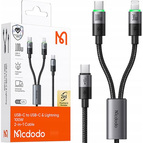 Cable USB-C 2 en 1 Mcdodo de carga rápida para iPhone 14 y MacBook, LED, 100 W, 2 m (1/5)