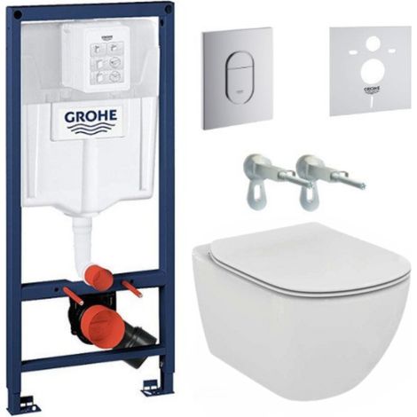 Grohe Pack WC Bâti-support + WC suspendu Ideal Standard Tesi Aquablade + Abattant slim avec frein de chute + Plaque Arena Chrome (1/5)