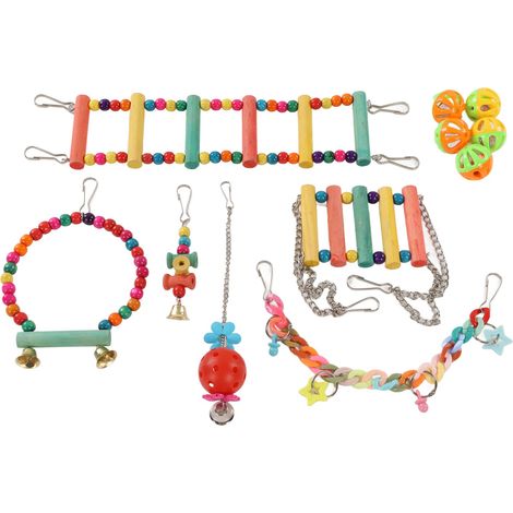 11pcs Lot Balançoire Perroquet Jouet à Mâcher Set Oiseau Perchoir Suspendu Hamac Bois Support Cage (1/5)